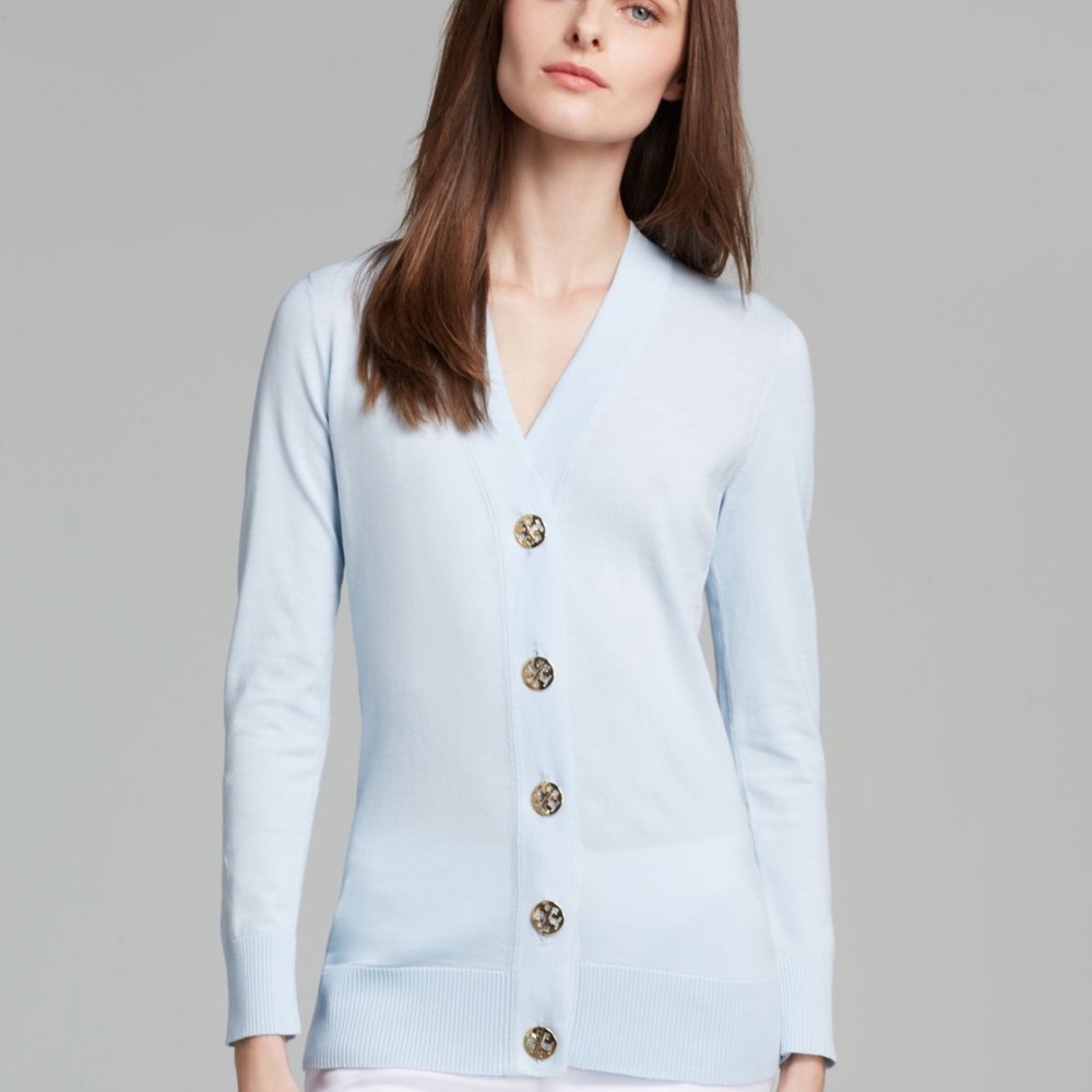 Tory Burch Blue Cardigan with Soft Knit and V-Neck